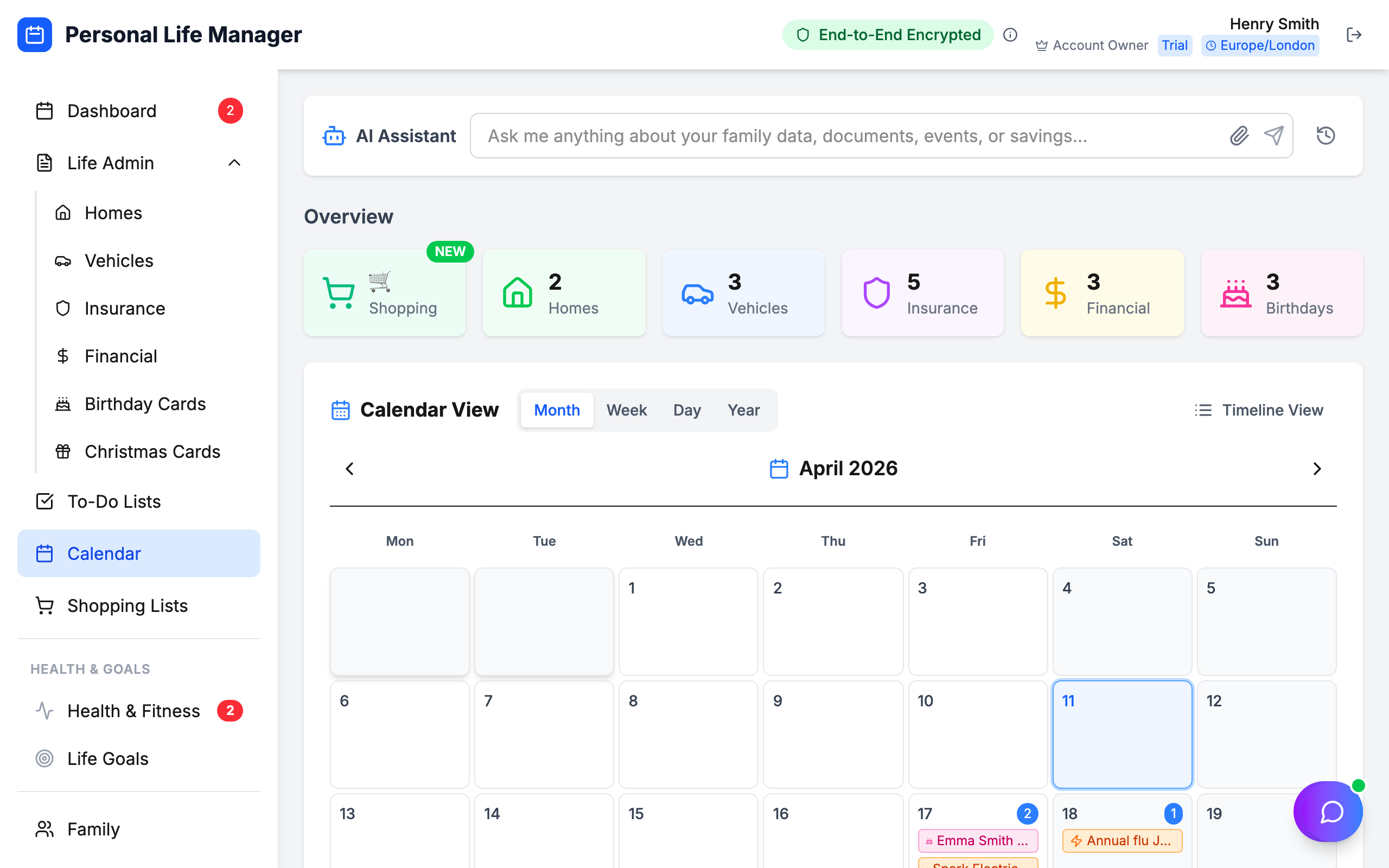 Calendar view showing birthdays, insurance renewals, medical appointments, and financial events