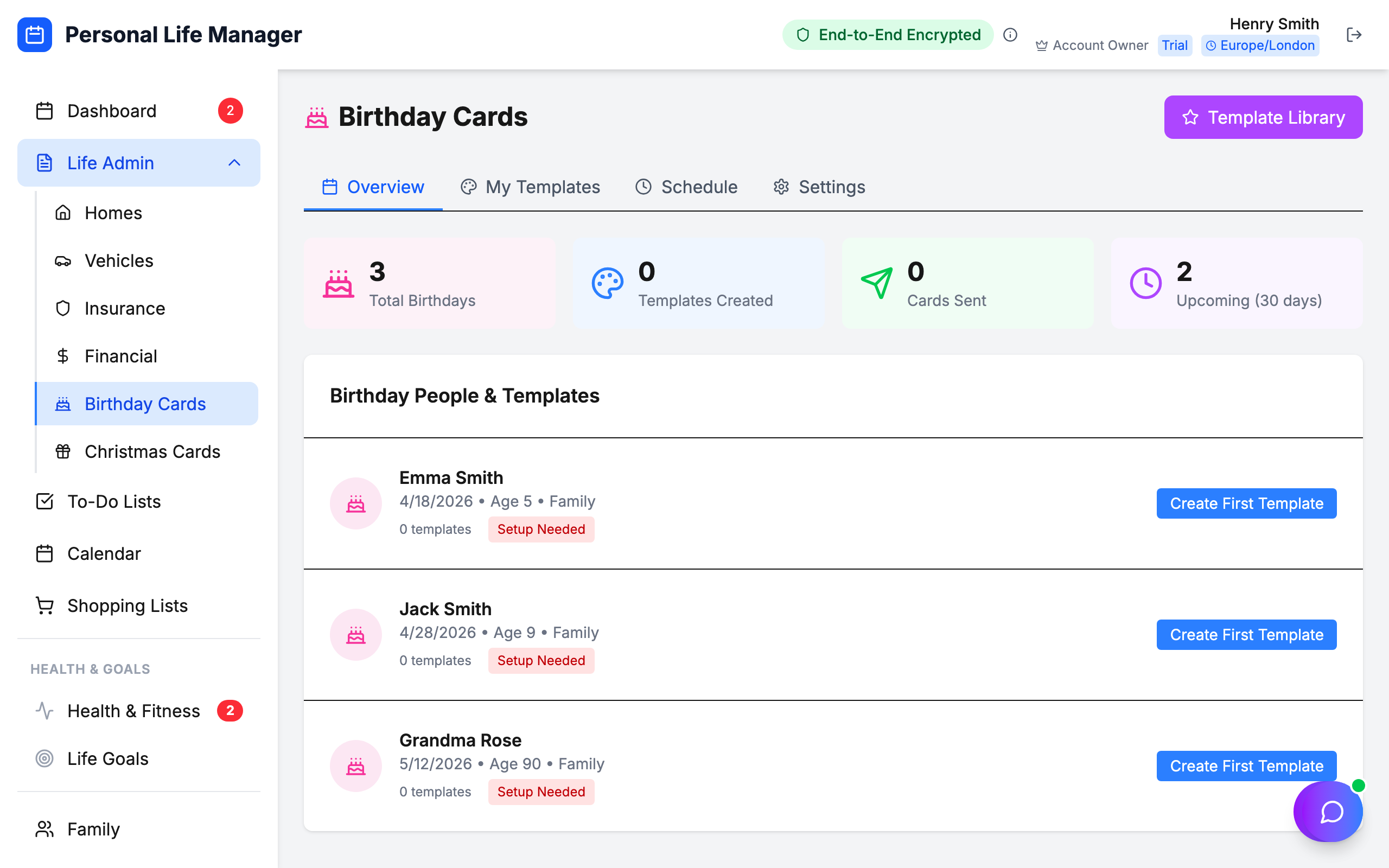Birthday cards management showing upcoming birthdays with automatic card templates
