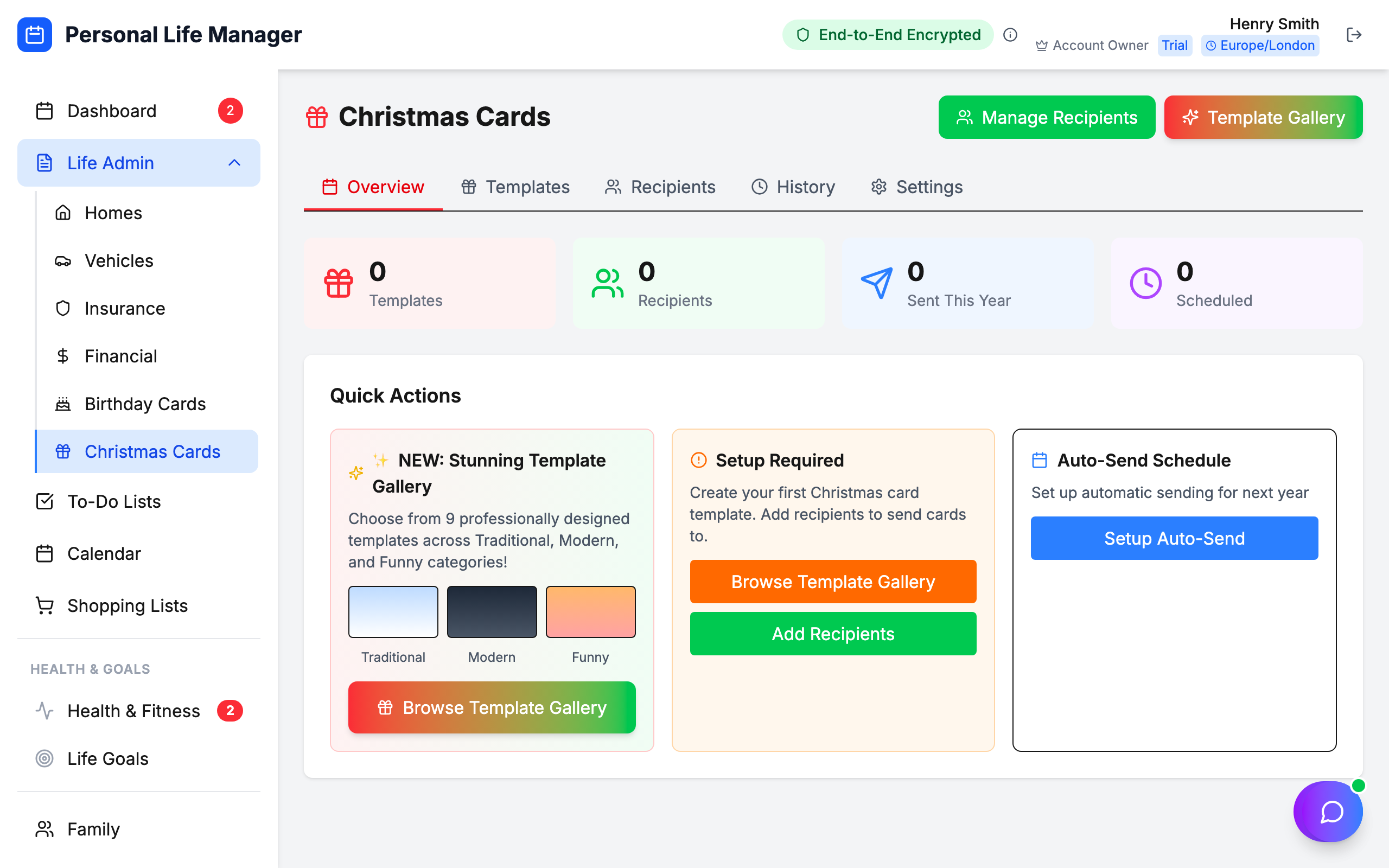 Christmas card templates and automation showing festive designs and scheduling