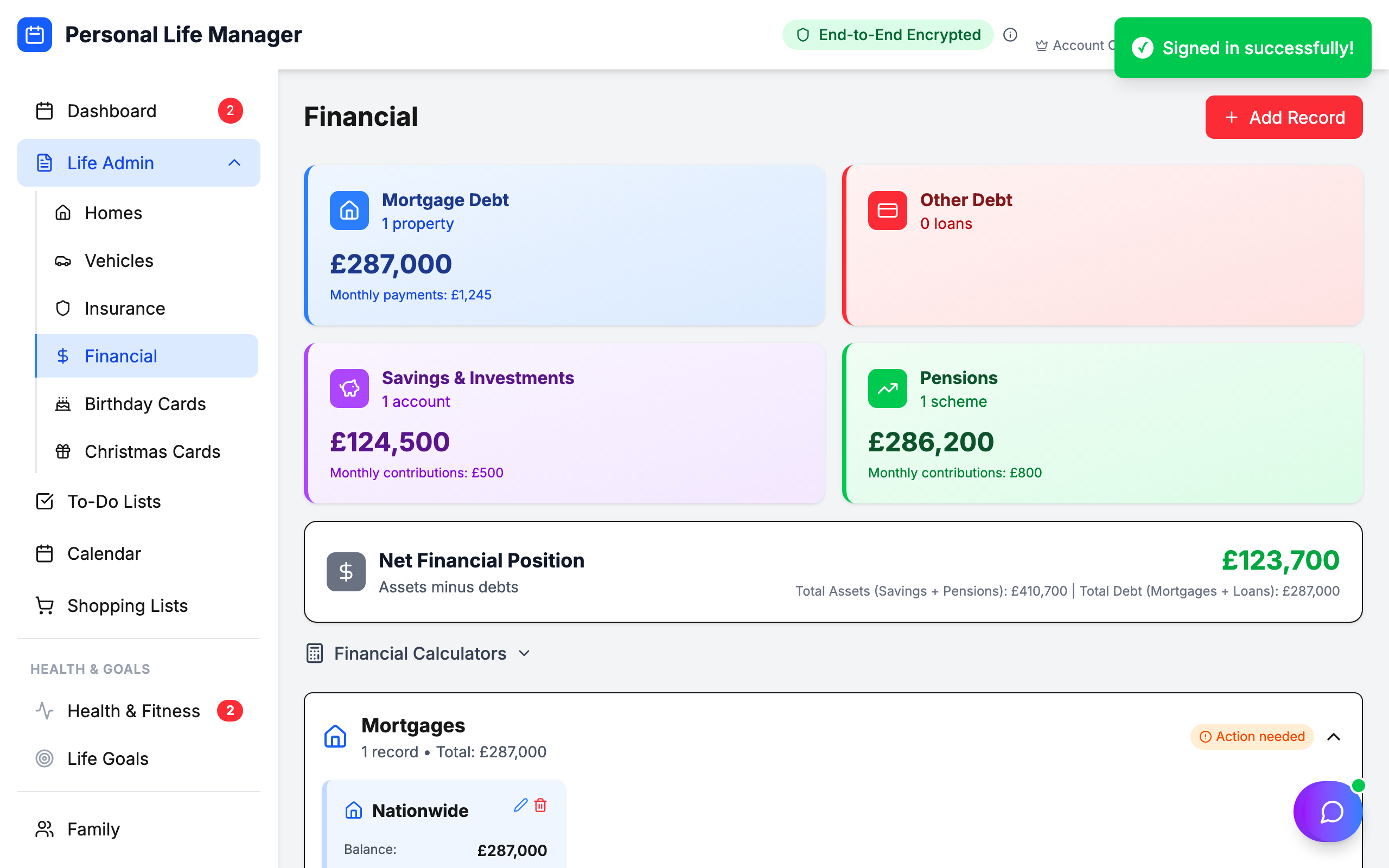 Financial dashboard showing mortgage debt, savings, pensions, and net financial position