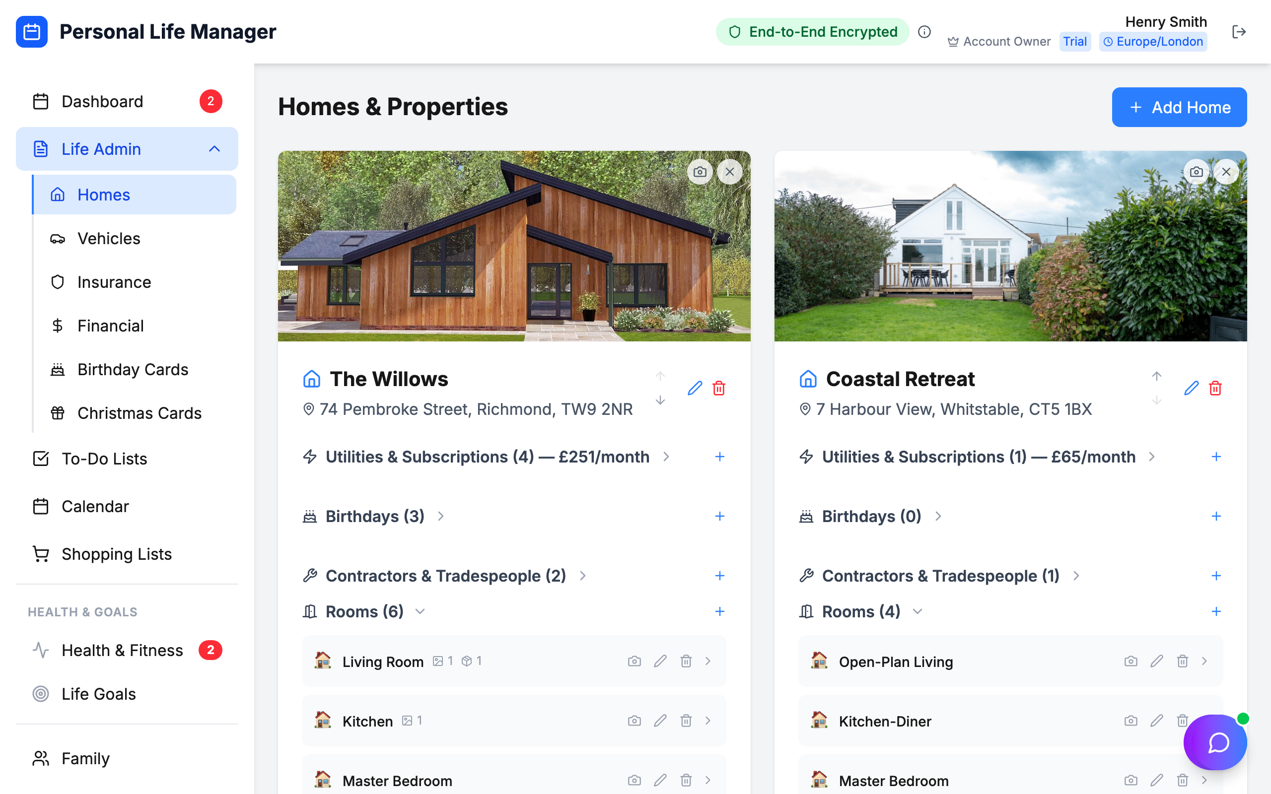 Homes & Properties management - track rooms, utilities, and tradespeople for each property